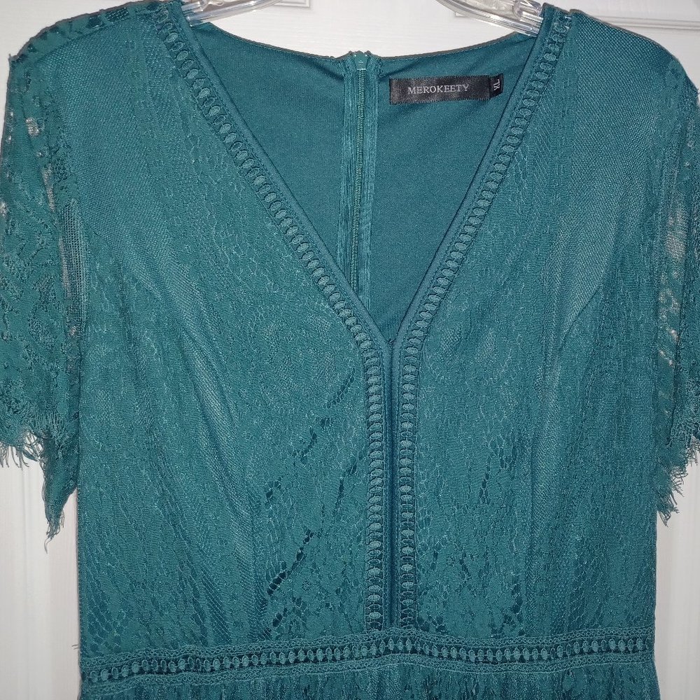 MEROKEETY Women's V Neck Short Sleeve Floral Lace Dress Size XL - Picture 2 of 4